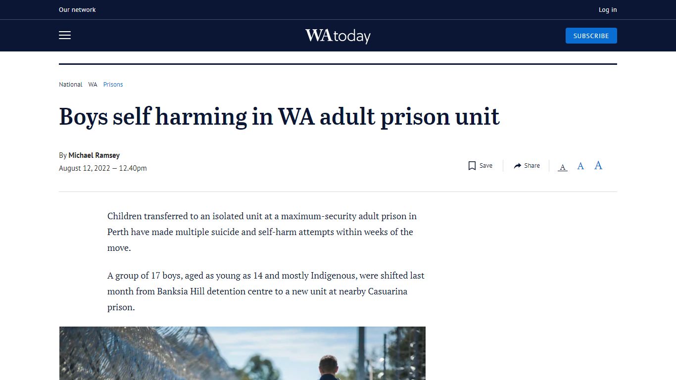 Boys placed in WA adult prison self harm